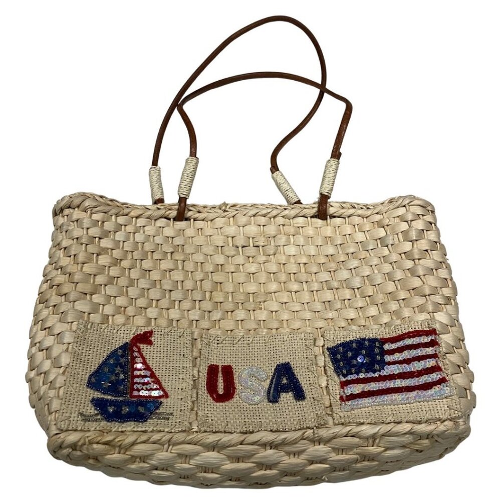 QVC Cornhusk Straw Patriotic USA Purse with Sequin Details and Leather Handles